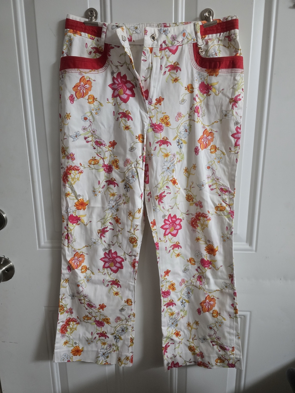 White Floral Print Pants with Pink & Orange Accents